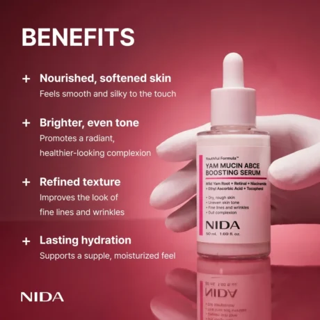 NIDA Yam Mucin ABCE Boosting Serum kesztyűs kézben, bőrápolási előnyök felirataival