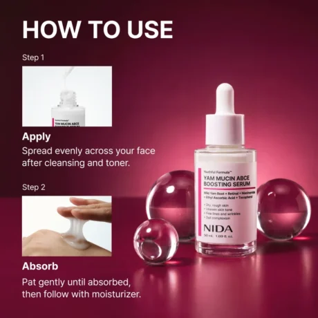 NIDA Yam Mucin ABCE Boosting Serum használata – nyúlós állag és bőrbe nyomkodás