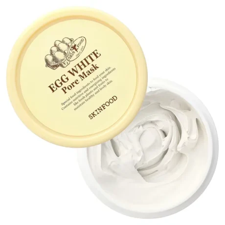 SKINFOOD Egg White Pore Mask – Felülnézet: nyitott tégely és krémes textúra